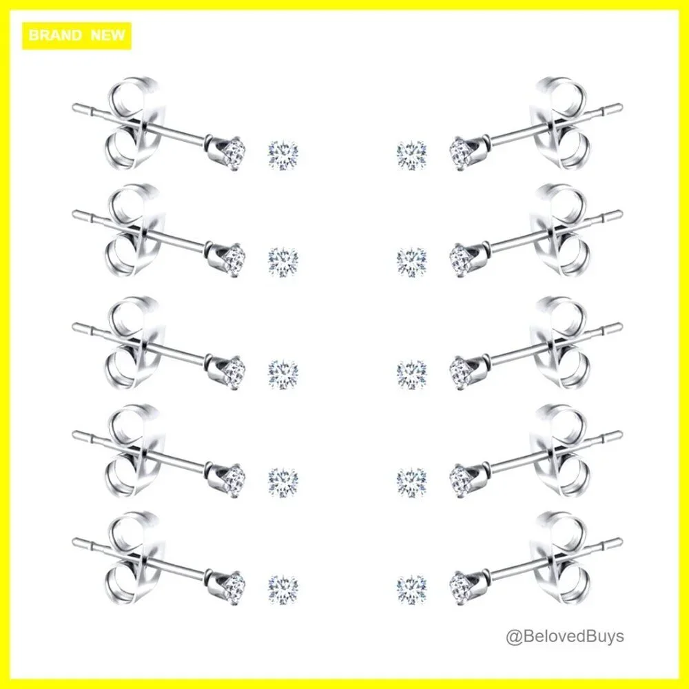 10 Pairs Surgical Steel Hypoallergenic Stud Earrings, CZ Set